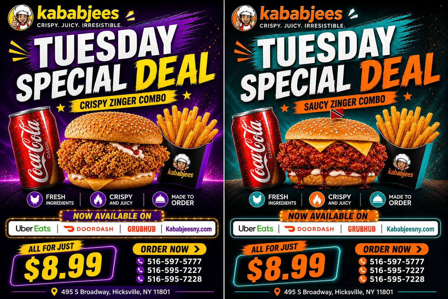 Kababjees Saturday Special Crispy Zinger Combo and Saucy Zinger Combo
